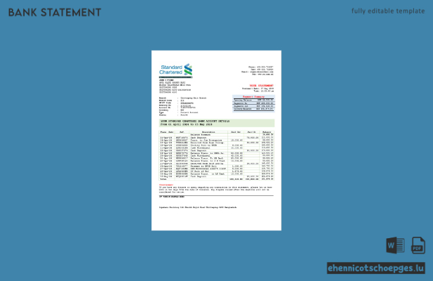 Beispielvorschau eines Kontoauszugs der Standard Chartered Bank (Word-Version 2) aus Indien